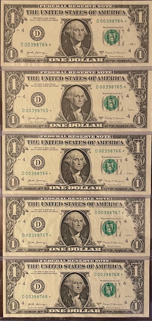 2017A-$1.00-Star-Notes-Series-D--Ohio-Federal-Reserve--5-Consecutive-Serial-Numbers.