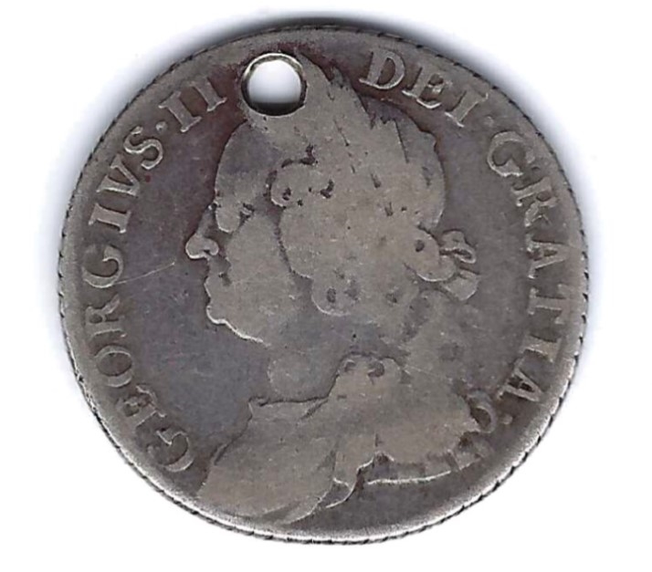 Holed-George-II-Shilling-Inscribed-James-On-Reverse