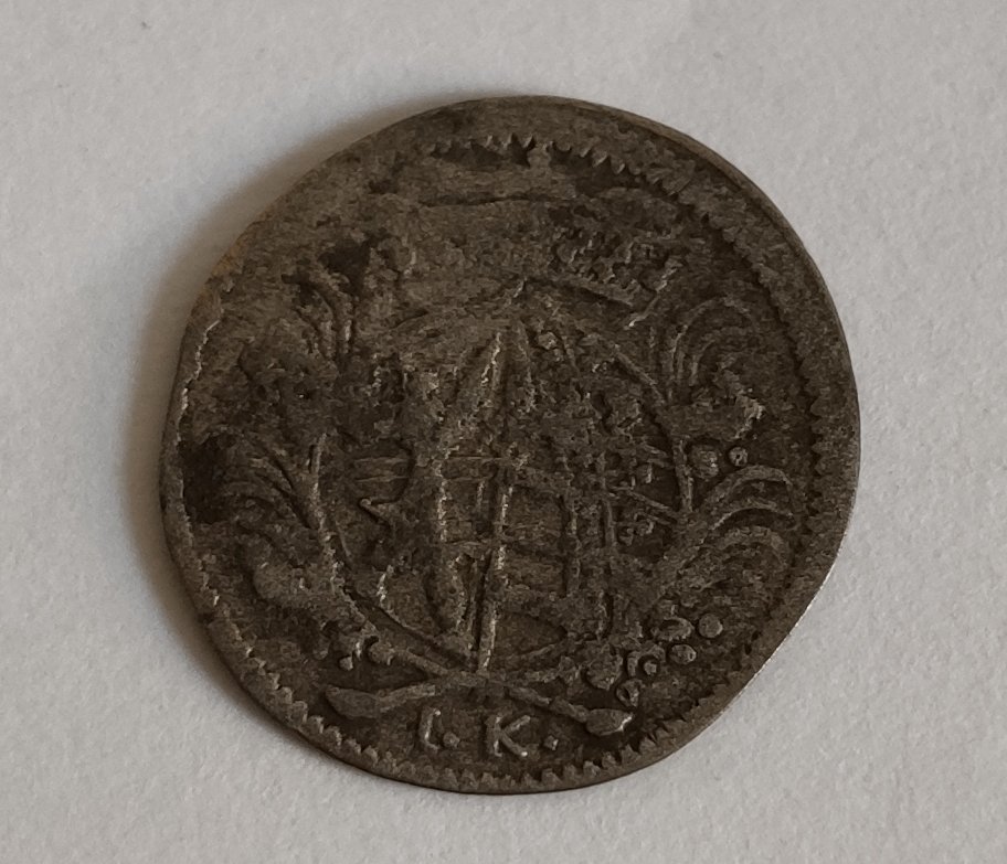 1696-?---Coin-/-Token.--I-K-?--3-Something.-Temple?-With-Crown-Above.