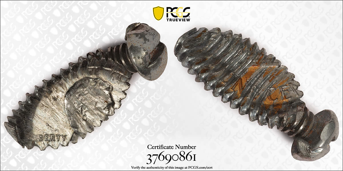 Lincoln-Cent-Struck-On-A-2.-8-Gram-Screw,-PCGS-MS-64+