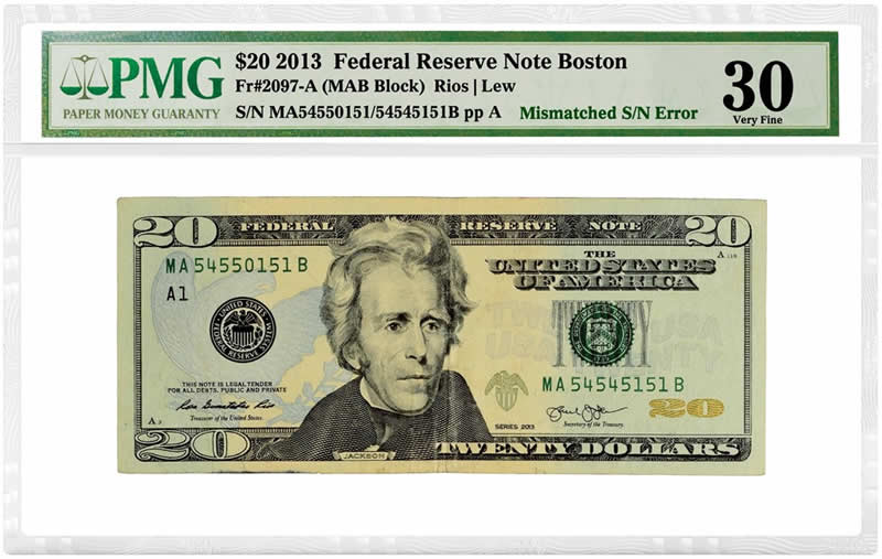 Error-Highlight:-2013-$20-Mismatched-Serial-Number-Error,-PMG-VF-30