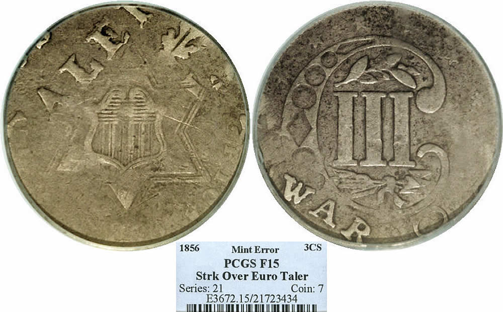 Thaler-/-Three-Cent-Thursday:-1856-Three-Cent-Silver-Struck-Over-European-Taler-PCGS-F15