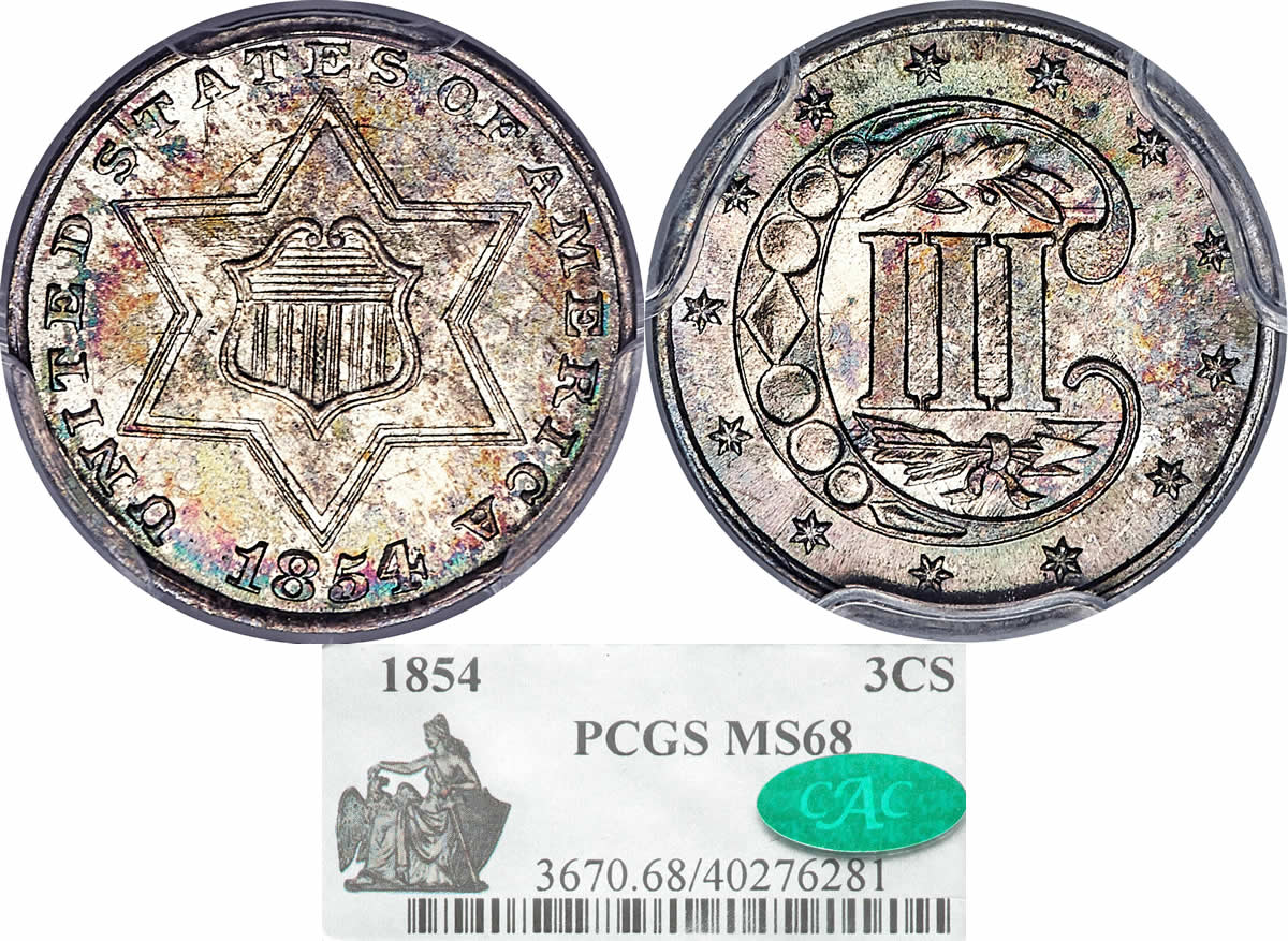 Three-Cent-Thursday:-1854-Three-Cent-Silver-PCGS-MS-68,-Tied-For-Finest-For-The-Type-Two-Design