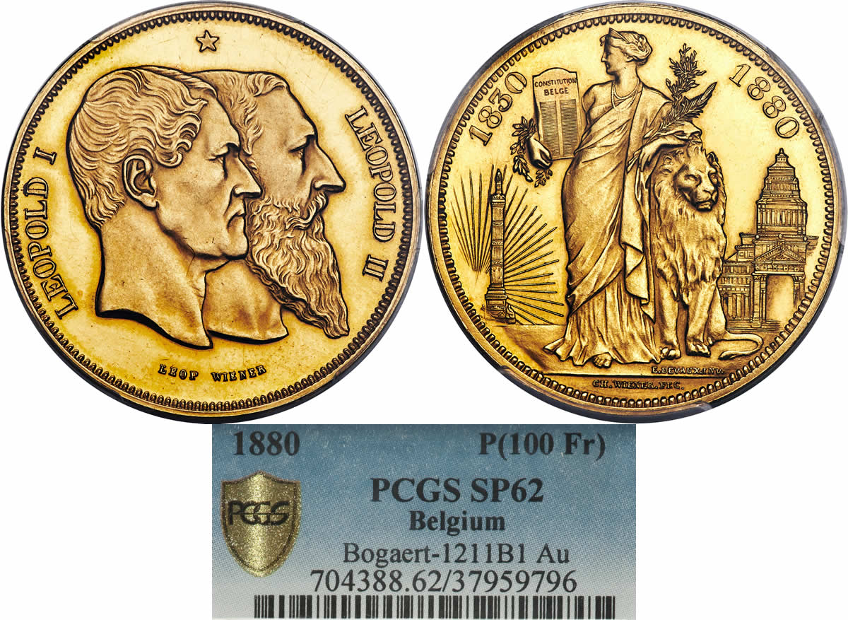 Country-Of-The-Day:-Belgium,-Leopold-II-Gold-Specimen-Pattern-100-Francs-1880-PCGS-SP-62