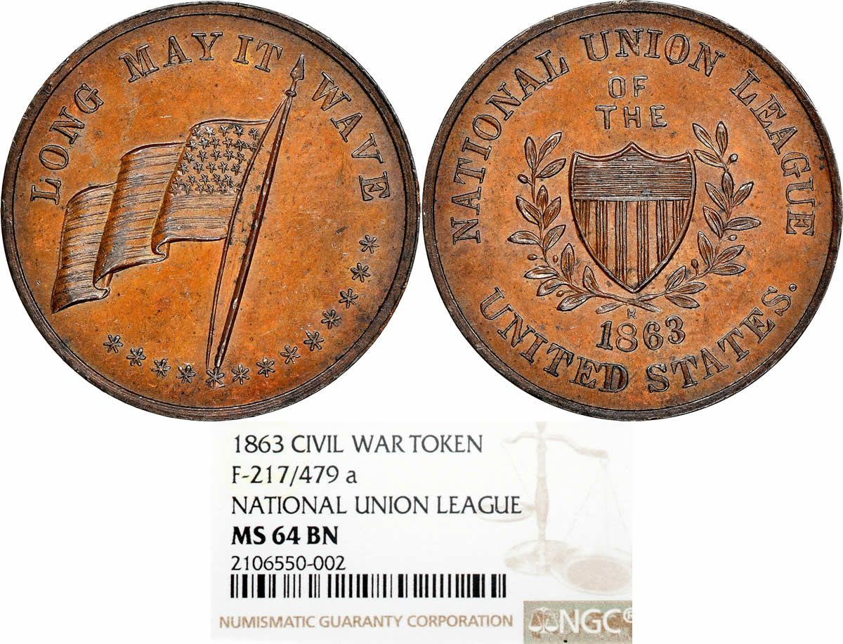 Flag-Friday:-1863-Token-National-Union-League-NGC-MS-64-Brown-Fuld-217-/-479A