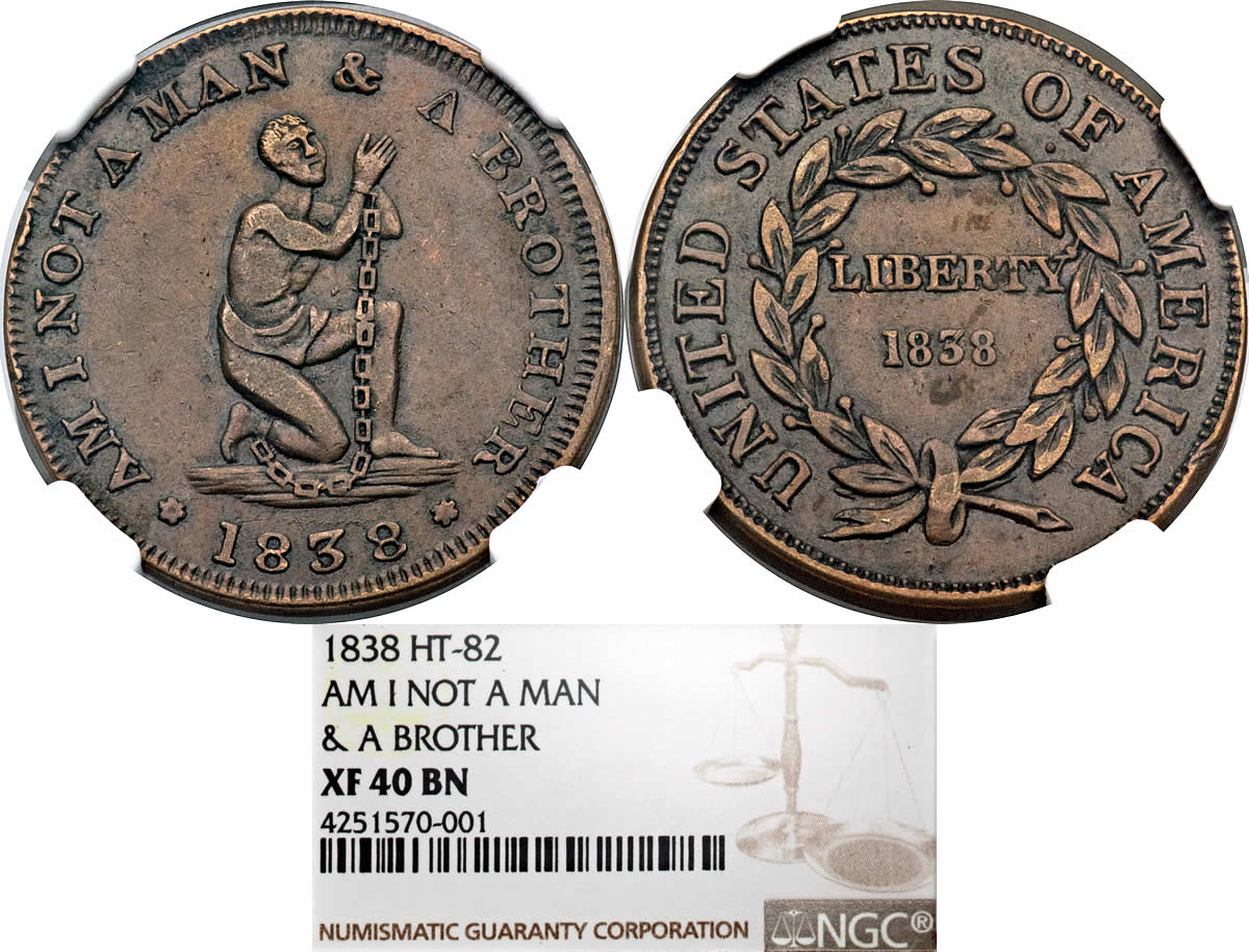 Token-Tuesday:-1838-NGC-XF40-Am-I-Not-A-Man-And-A-Brother-Hard-Times-Token,-Low-54A,-Ht-82