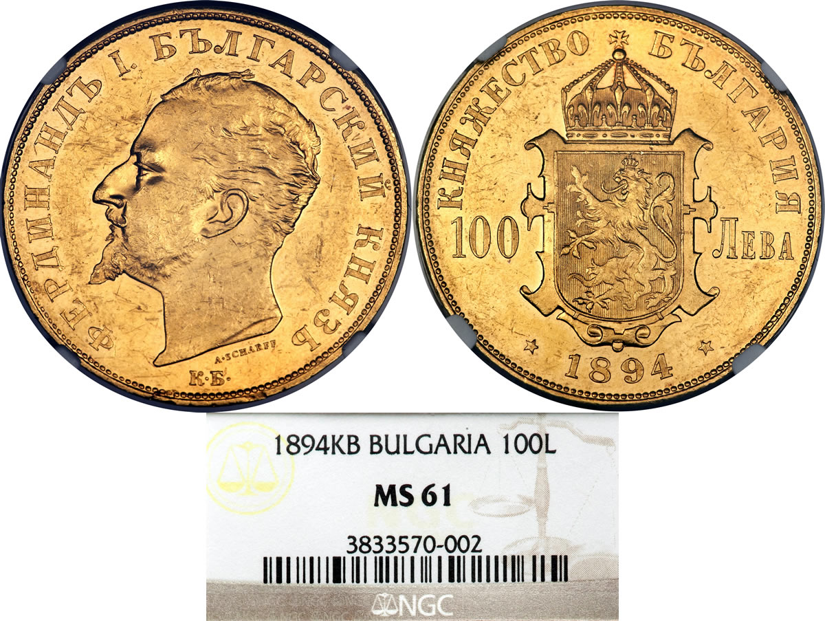 Country-Of-The-Day:-Bulgaria,-1894-Kb-Ferdinand-I-Gold-100-Leva-NGC-MS-61-Kremnitz-Mint