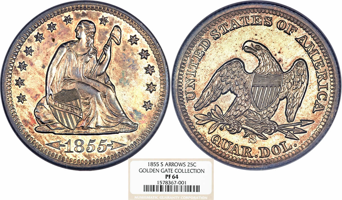 San-Francisco-Sunday:-1855-S-Proof-Seated-Liberty-Quarter-NGC-PF64,-Possibly-The-First-SF-Quarter
