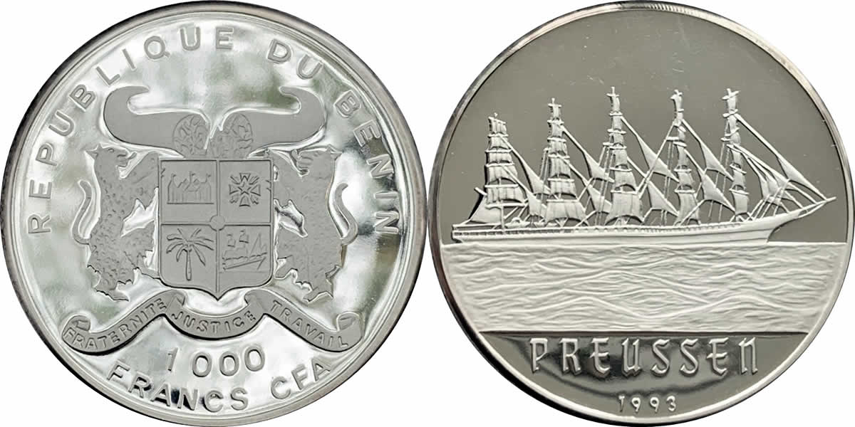 Country-Of-The-Day:-Benin,-1993-1000-Francs-Commemorative-Issue,-Sailing-Ship:-Preussen