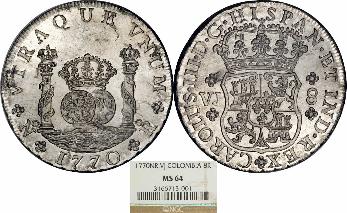 Country-Of-The-Day:-Colombia,-1770nr-Vj-Carlos-III-Pillar-8-Reales-NGC-MS-64