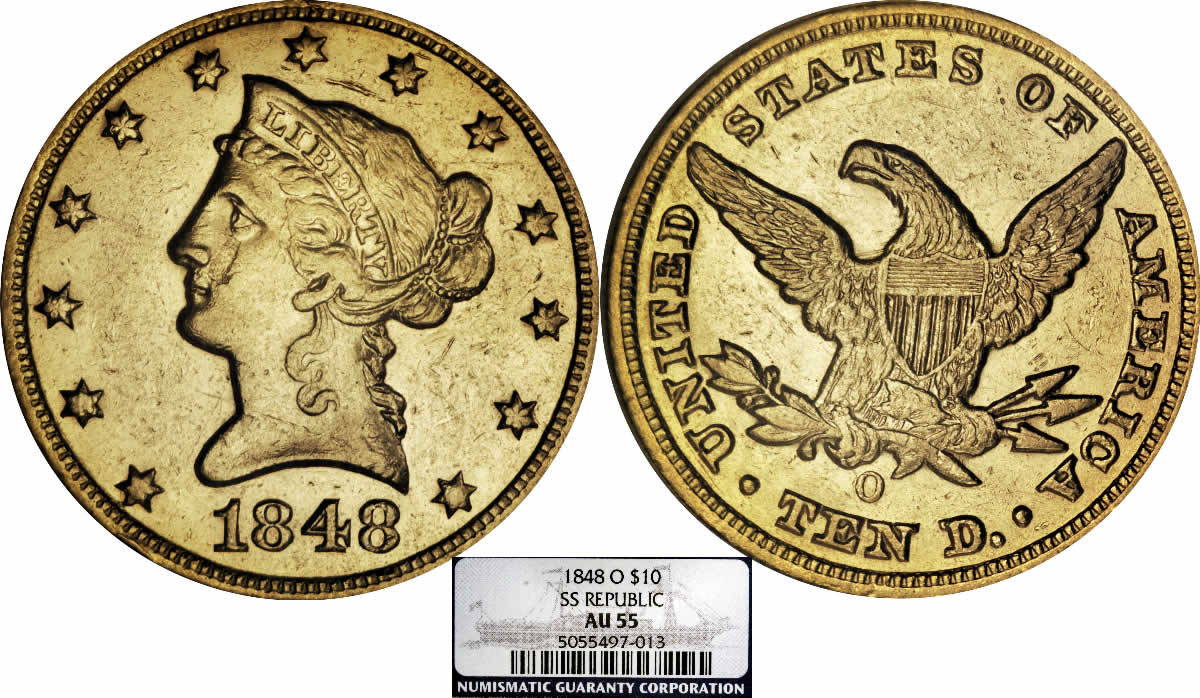 Salvage-Saturday:-1848-O-Gold-Eagle-NGC-AU-55-SS-Republic