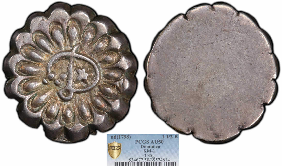 Country-Of-The-Day:-Dominica,-1798-British-Colony-1-1/2-Bits-Moco-ND-PCGS-AU-50