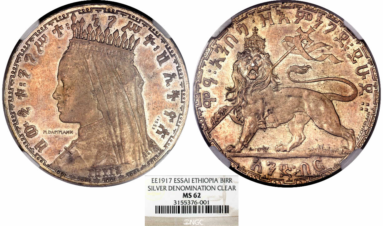 Country-Of-The-Day:-Ethiopia,-1924-1925-Queen-Zauditu-Silver-Essai-Birr-Ee1917-NGC-MS-62