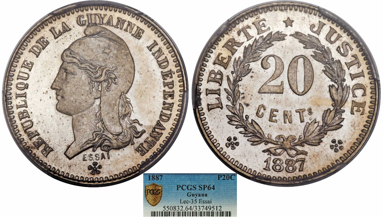 Country-Of-The-Day:-Guyana,-1887-20-Centimes-French-Colony-Specimen-Essai-PCGS-SP-64