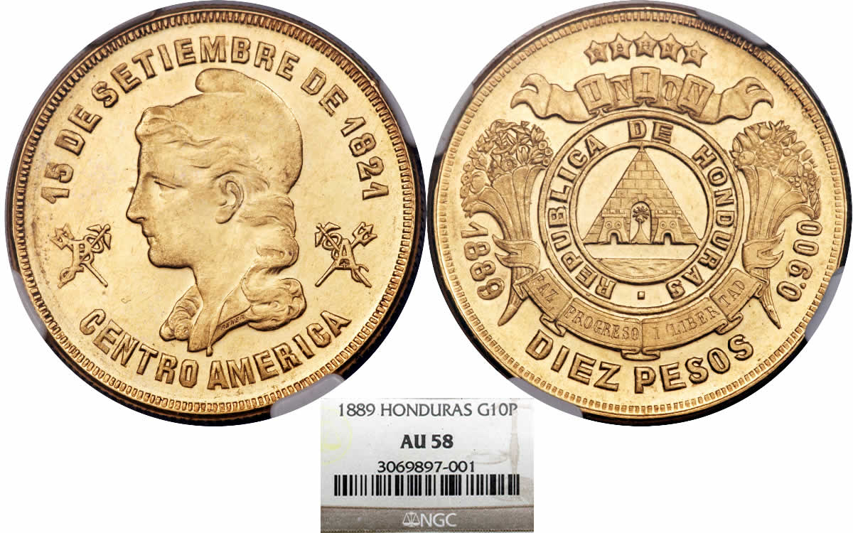 Country-Of-The-Day:-Honduras,-1889-Republic-Gold-10-Pesos-NGC-AU-58