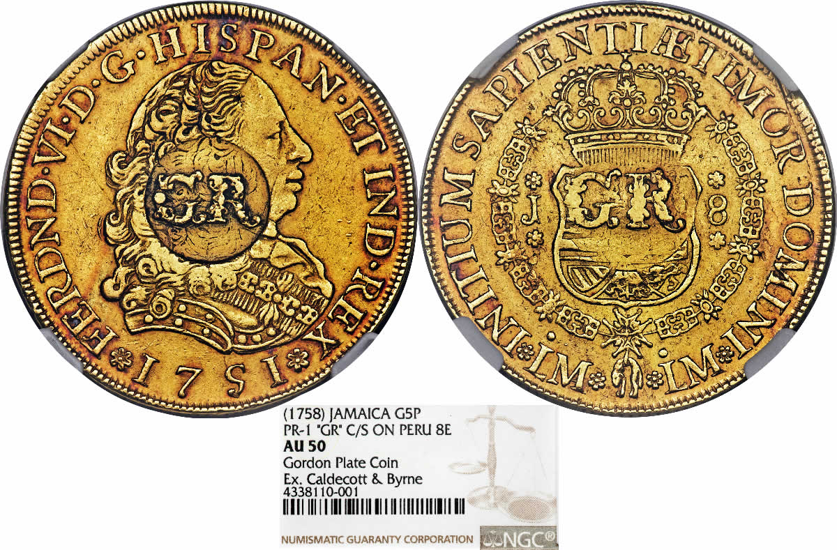 Country-Of-The-Day:-Jamaica,-British-Colony-Gold-Counterstamped-5-Pounds-ND-1758-AU-50-NGC