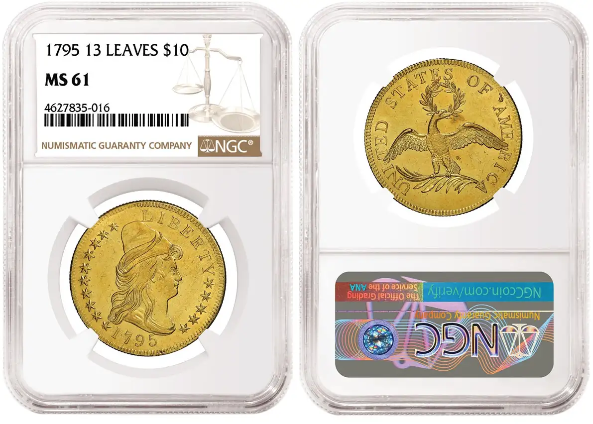 Heritage-Sale---Rare-Vintage-US-Gold-Coins-NGC-Certified:-1795-13-Leaves-$10,-1915-S-Pan-Pac-$50-+