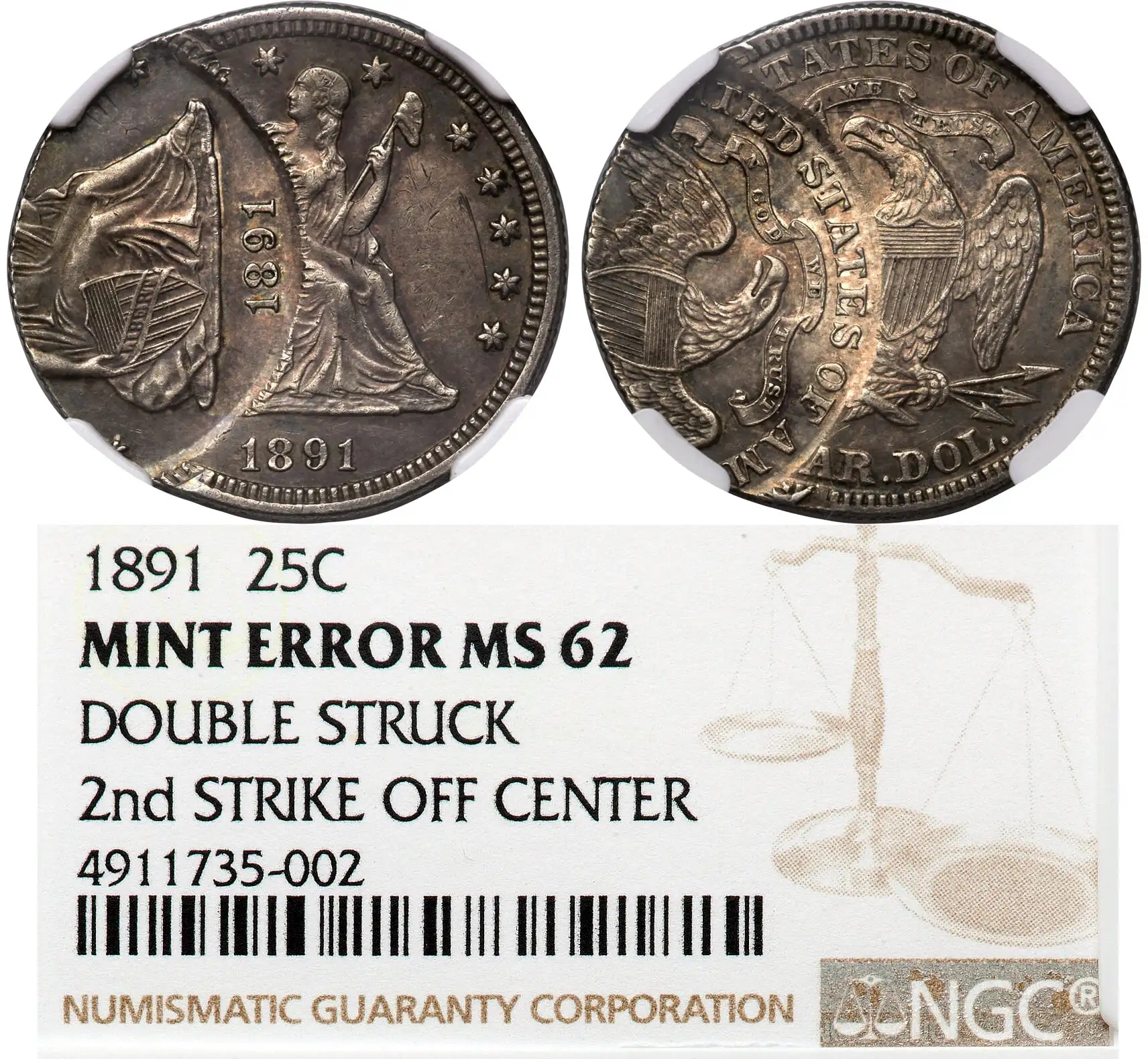 1891-Seated-Quarter,-Double-Struck,-Second-Strike-Off-Center.-NGC-MS-62