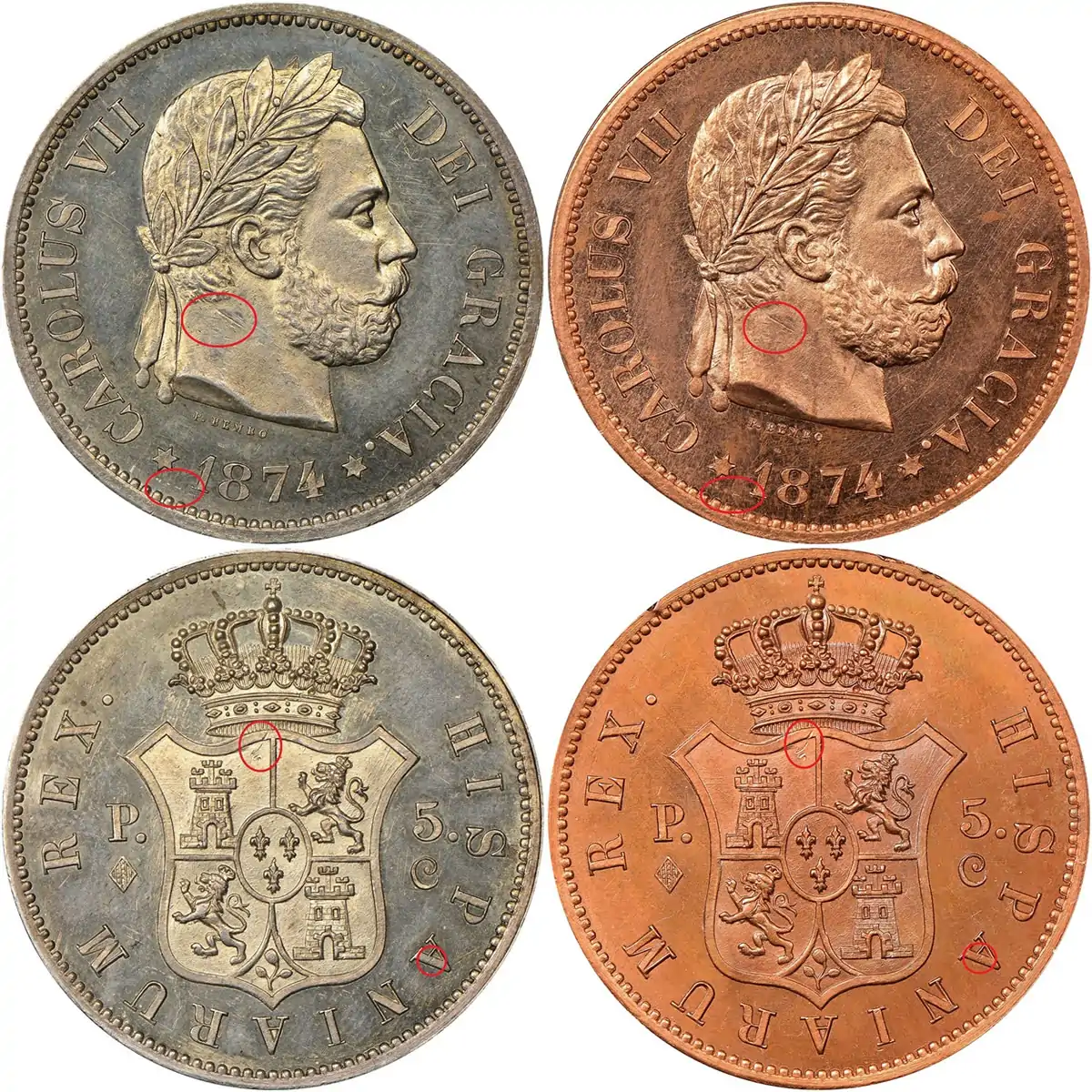 Counterfeit-Detection:-1874-5-Pesetas-In-Silver-And-Bronze