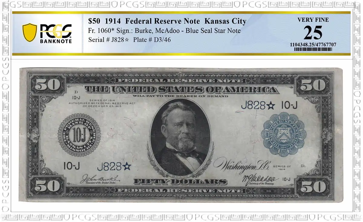 Noteworthy-Notes:-1914-$50-Federal-Reserve-Star-Note,-PCGS-Very-Fine-25