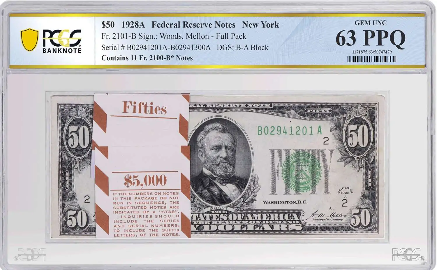 PCGS-Grades-Extremely-Rare-100-Pack-Of-Series-1928A-$50-Federal-Reserve-Notes
