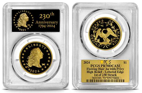 PCGS-Encapsulates-Privy-Mark-230th-Anniversary-Flowing-Hair-High-Relief-Gold-Coins