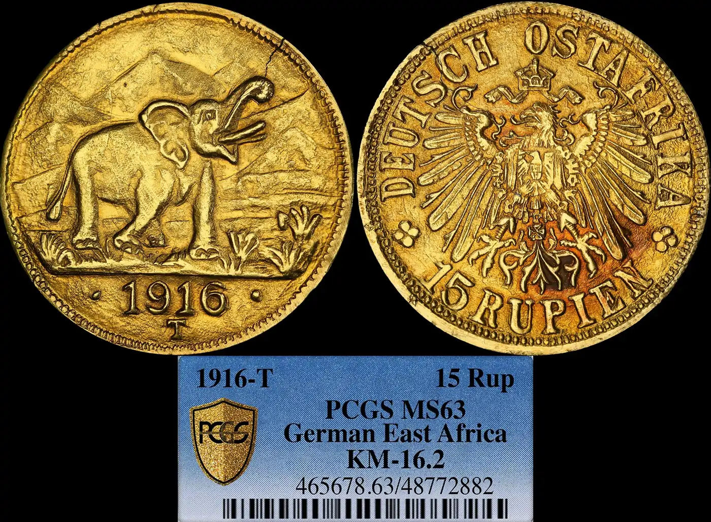 1916-T-German-East-Africa-15-Rupien-PCGS-MS-63