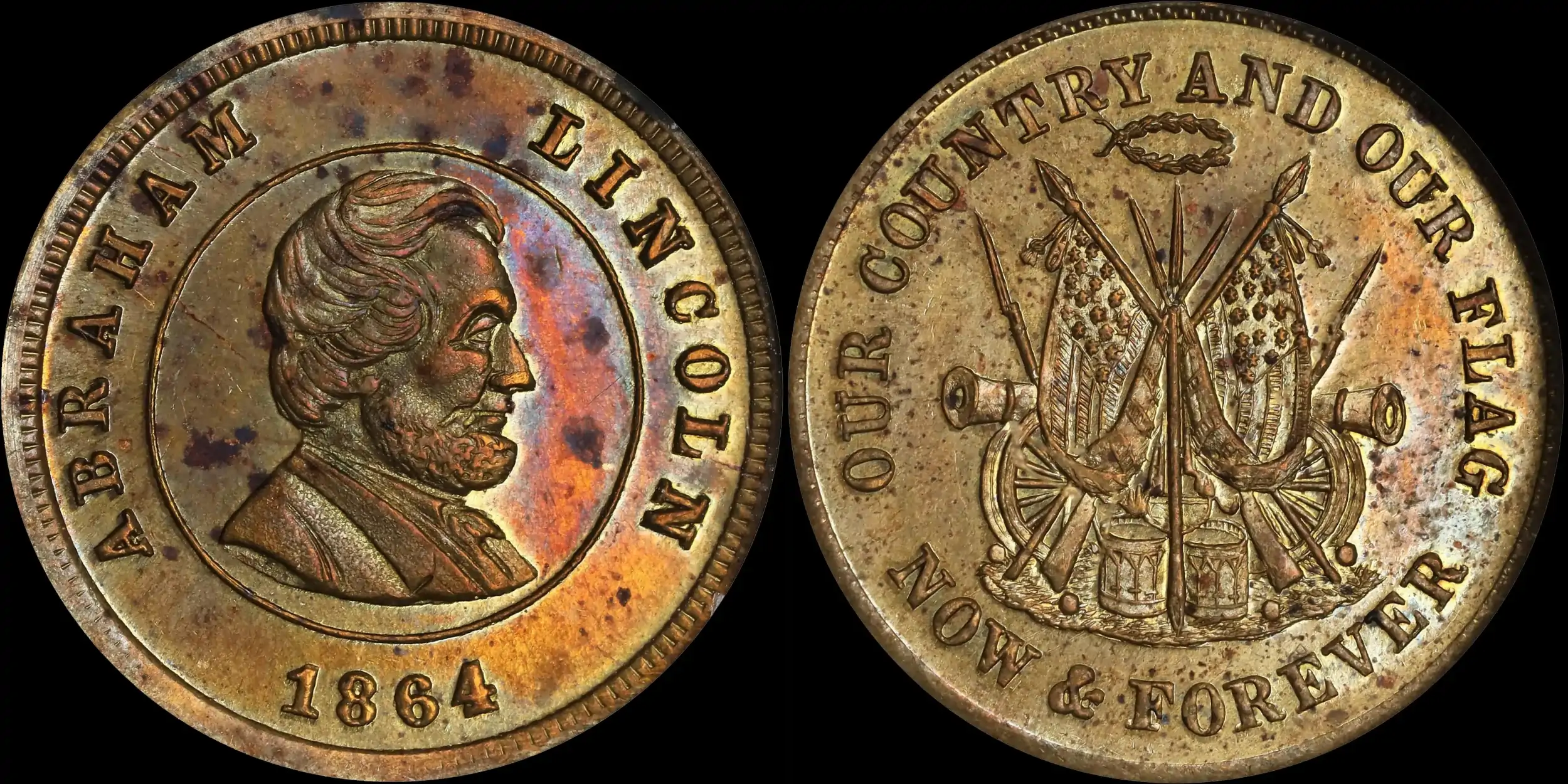 1864-Lincoln-Portrait-Token,-NGC-MS-62-Pl.-Drums,-Rifles,-Cannons,-Flags.-Fuld-131A/349A