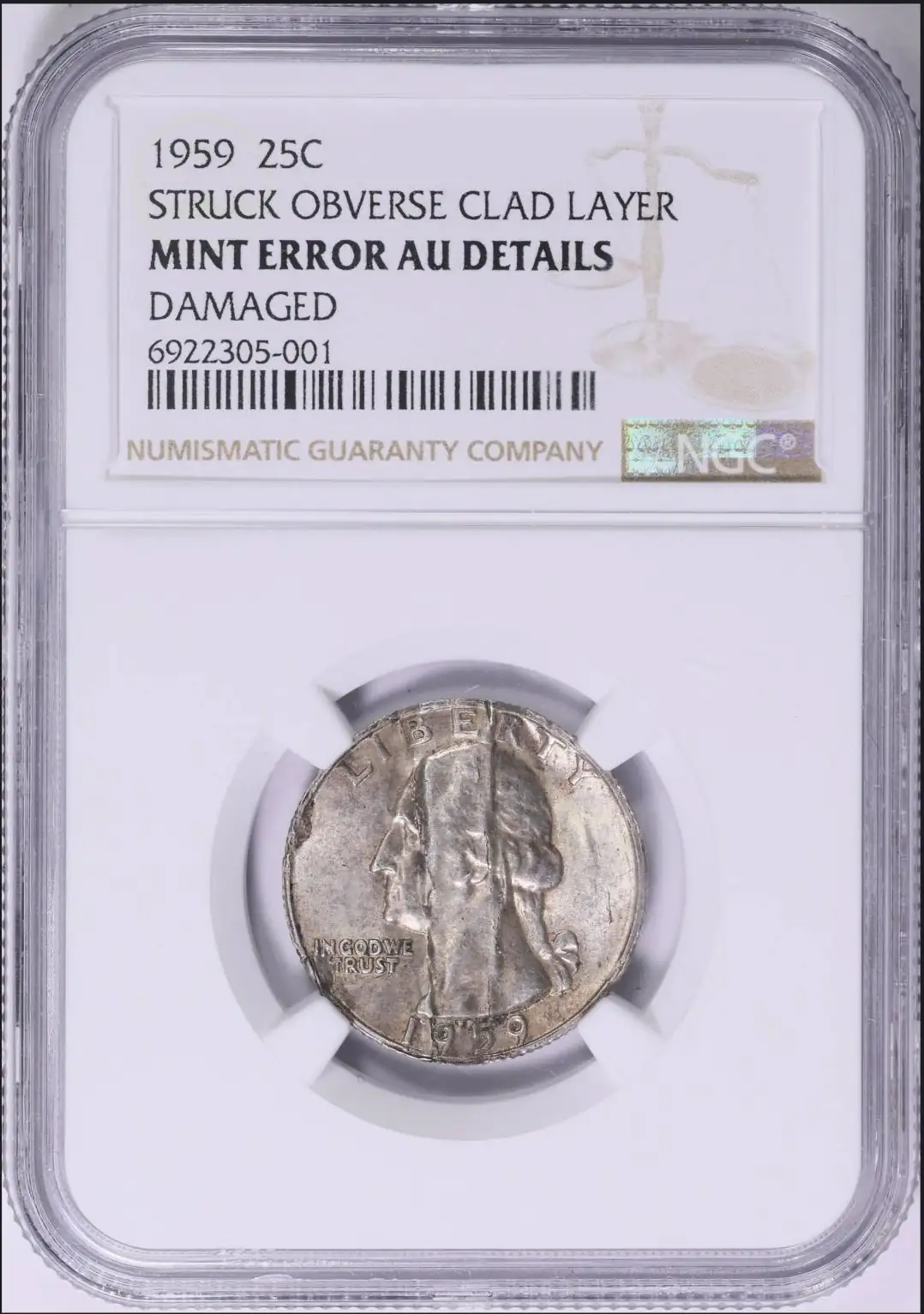 1959-Washington-Quarter-Struck-Obverse-Clad-Layer-AU-Details