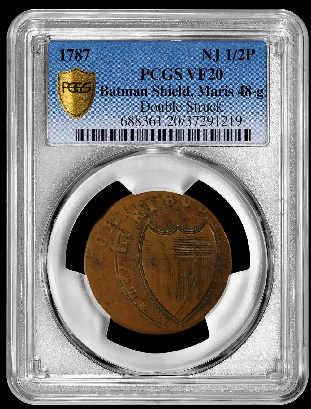 1787-New-Jersey-Halfpenny,-Double-Struck,-Second-Strike-Off-Center-PCGS-VF20