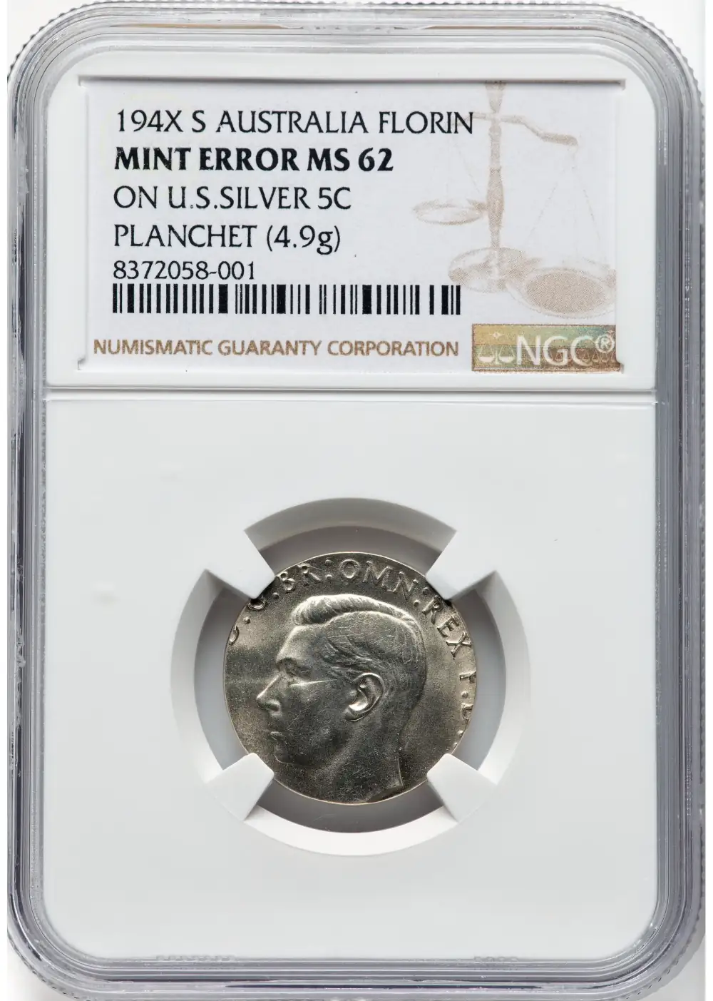 1942-1945-Australia-Florin-Struck-On-A-US-Five-Cent-Silver-Planchet-NGC-MS-62