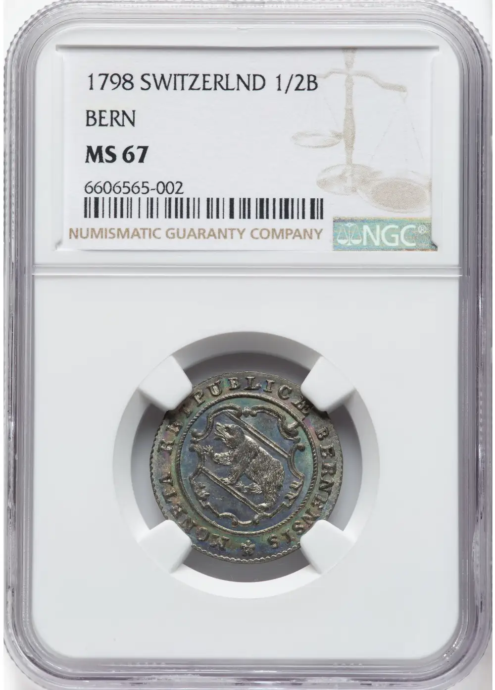 Toner-Tuesday:-Switzerland-1798-Bern-Half-Batzen-NGC-MS-67-Raindow-Toned