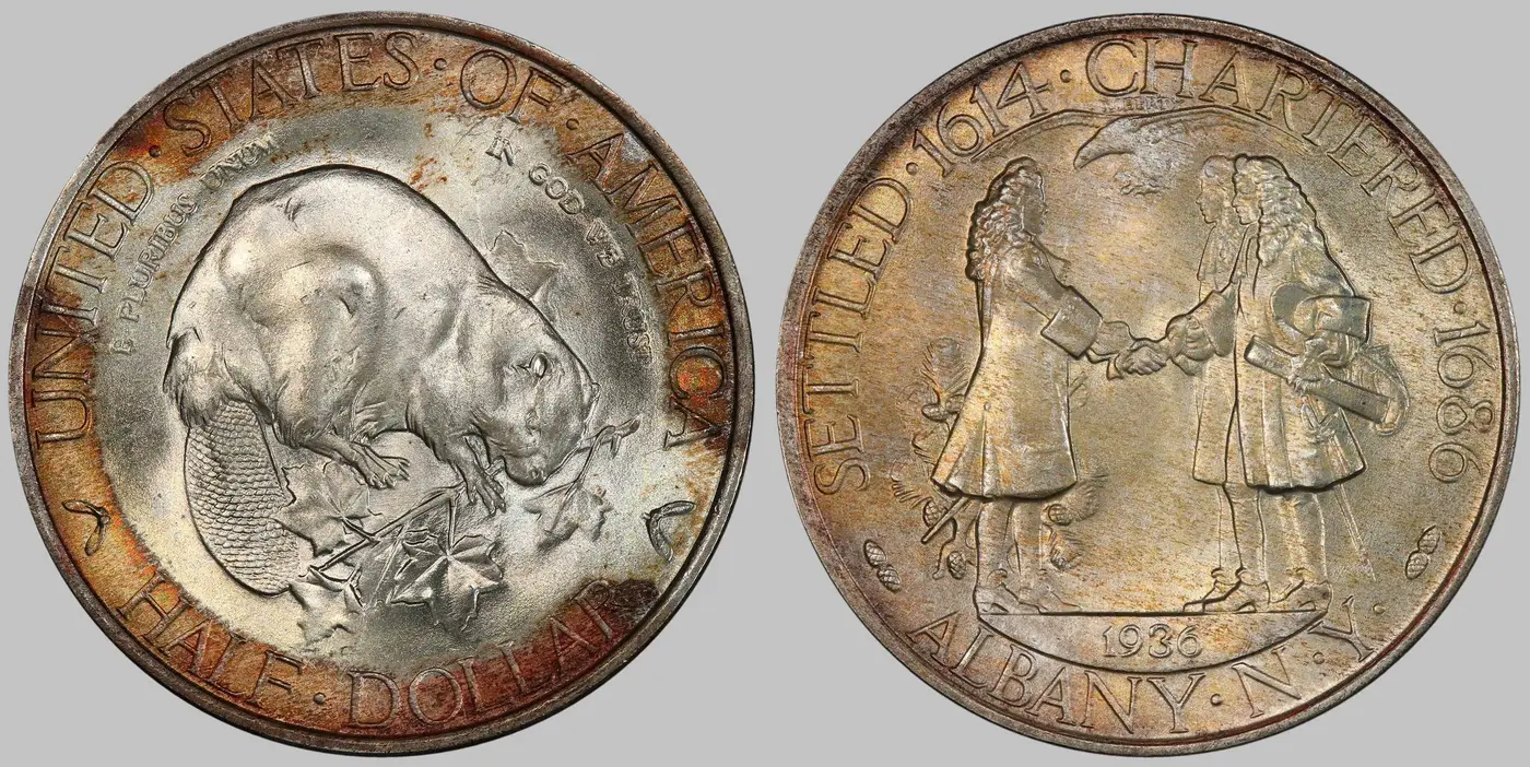 Toner-Tuesday:-1936-Albany-Charter-Half-Dollar-PCGS-MS-67+-Tab-Toned