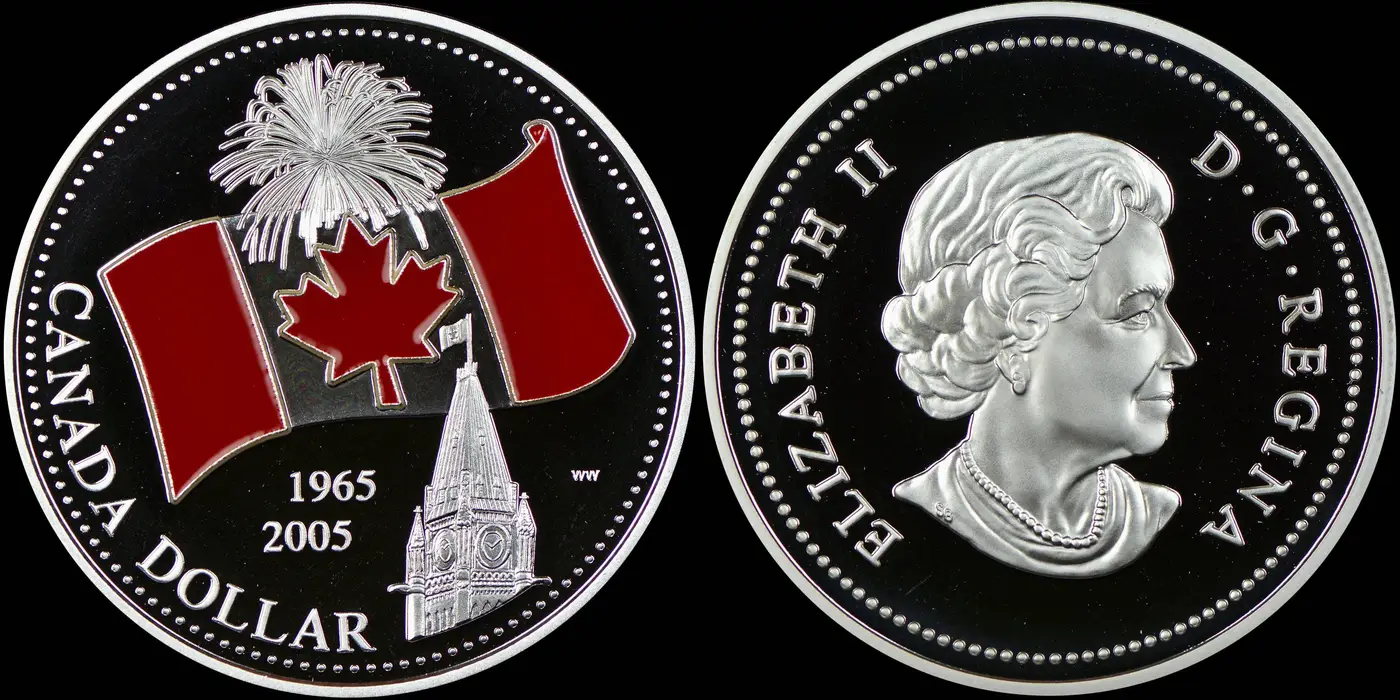 Canada-2005-Silver-Dollar-Commemorating-The-40th-Anniversary-Of-Its-National-Flag's-Design