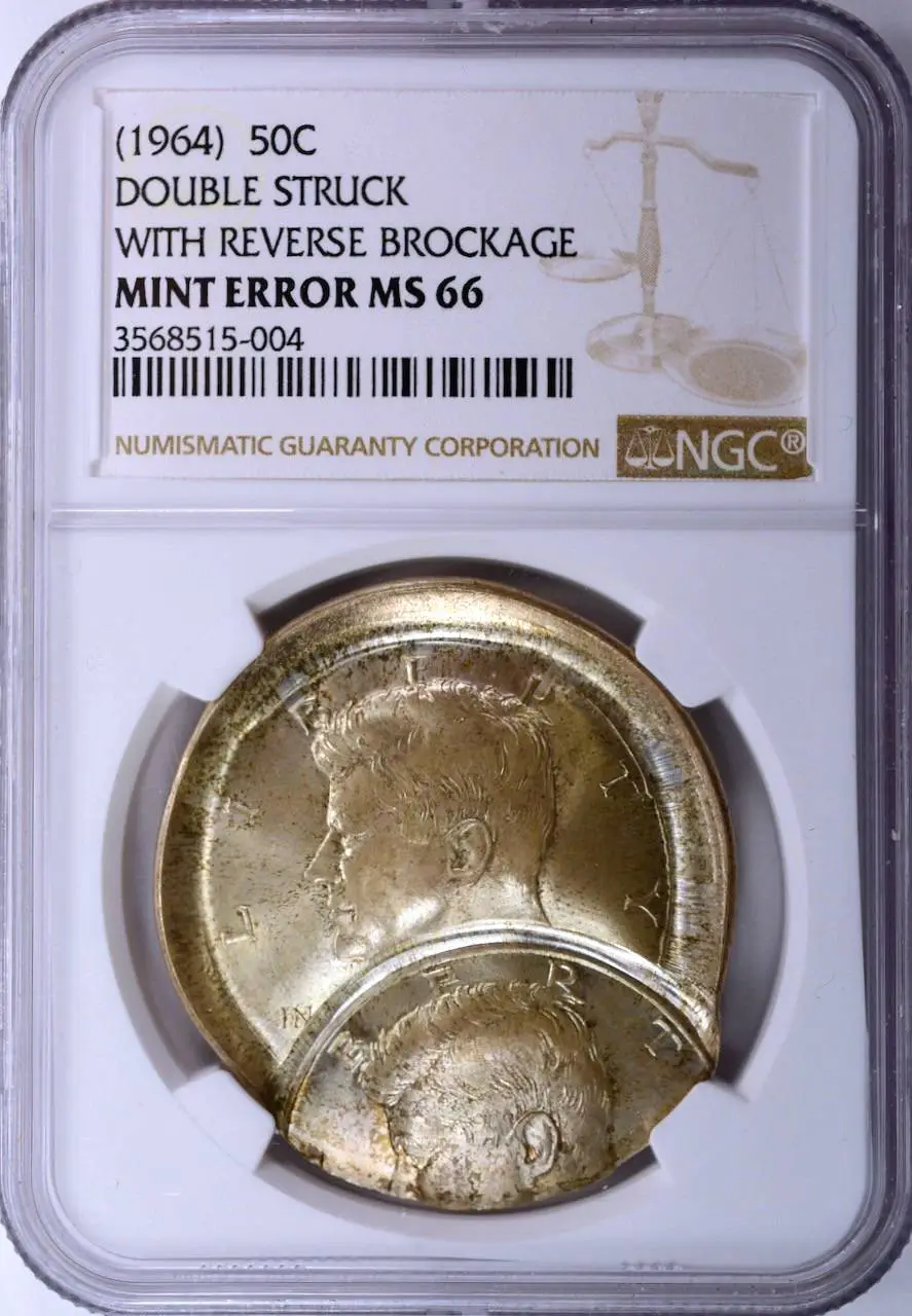 1964-Kennedy-Half-Dollar,-Broadstruck,-Double-Struck,-And-Full-Brockage-NGC-MS-66