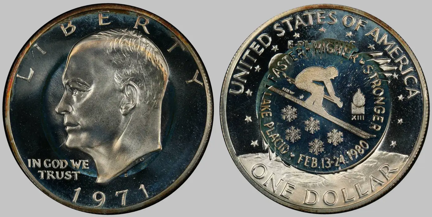 1971-Eisenhower-Dollar-Counterstamped-With-1980-Lake-Placid-Olympics-PCGS-PR-67-DCAM