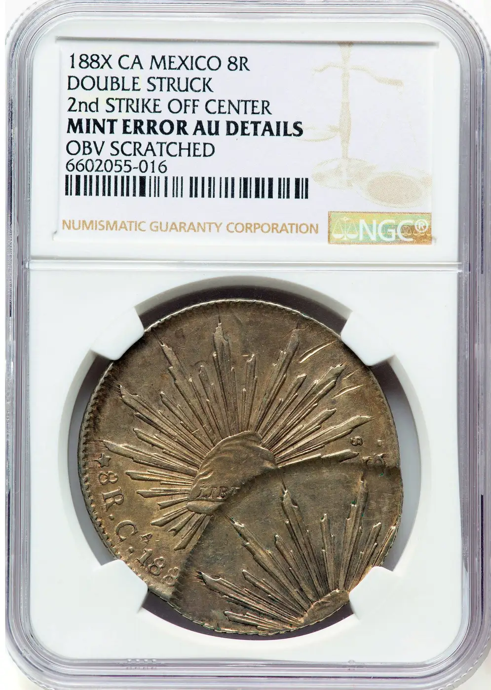 188x-Mexico-8-Reales,-Double-Struck,-Second-Strike-Off-Center-NGC-AU-Details