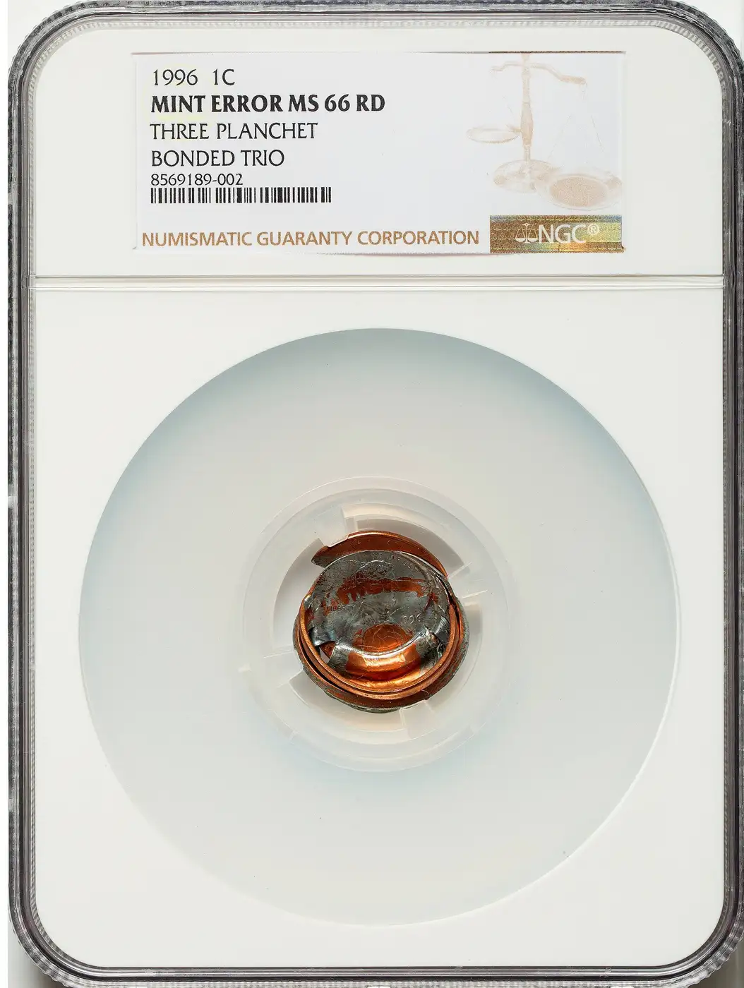 1996-Lincoln-Memorial-Cent-3-Planchet-Bonded-Trio-NGC-MS-66-Red