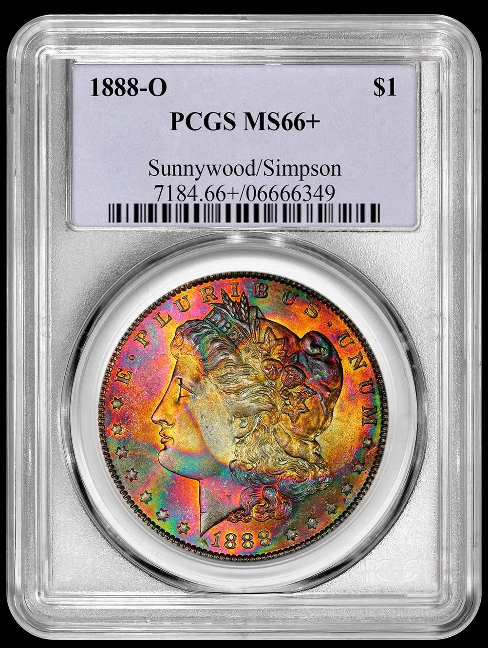 1888-O-Morgan-Dollar-Rainbow-Toned-PCGS-MS-66+-Sunnywood-/-Simpson-Collection