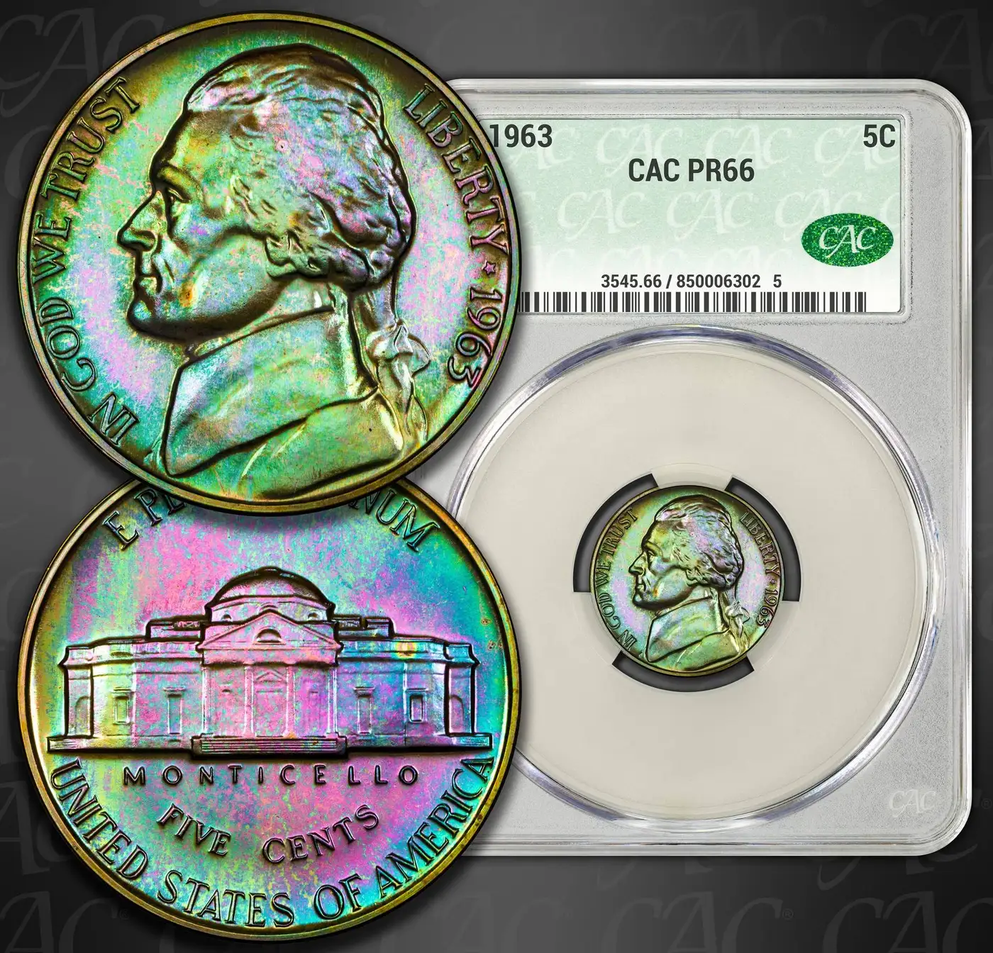 1963-Jefferson-Nickel-CAC-PR-66-Green-And-Purple-Toned
