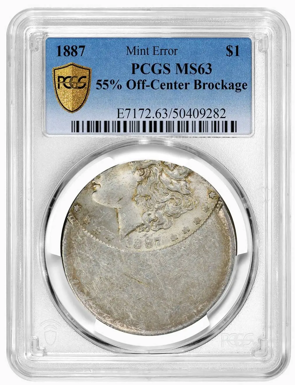 1887-Morgan-Dollar-55%-Off-Center-Brockage-PCGS-MS-63