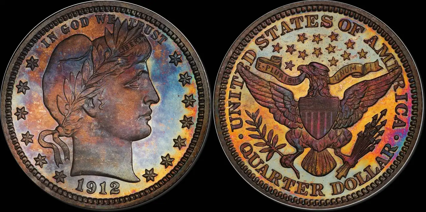 1912-Proof-Barber-Quarter-Rainbow-Toned-PCGS-PR-67+,-Denali-Collection