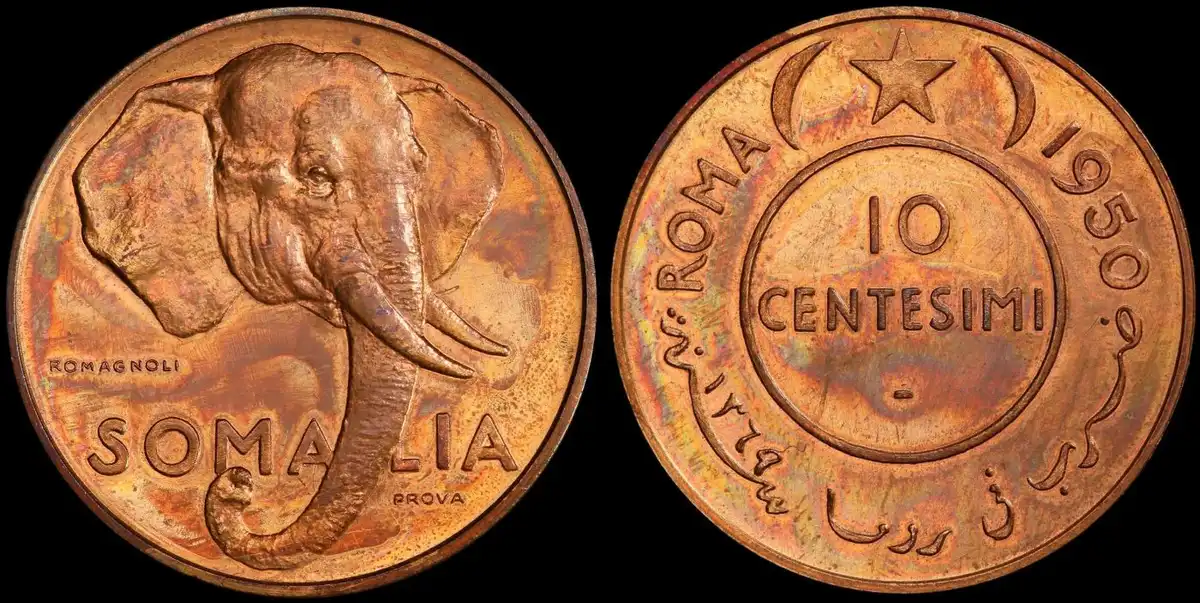 1950-Prova-Somolia-10-Centesimi-PCGS-SP-63RB-Featuring-An-Elephant