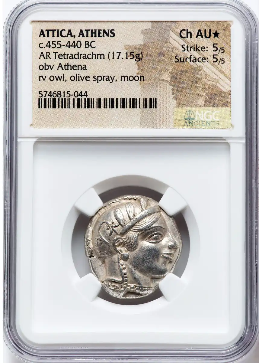 455-440-BC-Athens-Silver-Tetradrachm-Showing-The-Goddess-Athena-And-Her-Owl-NGC-Ch-AU