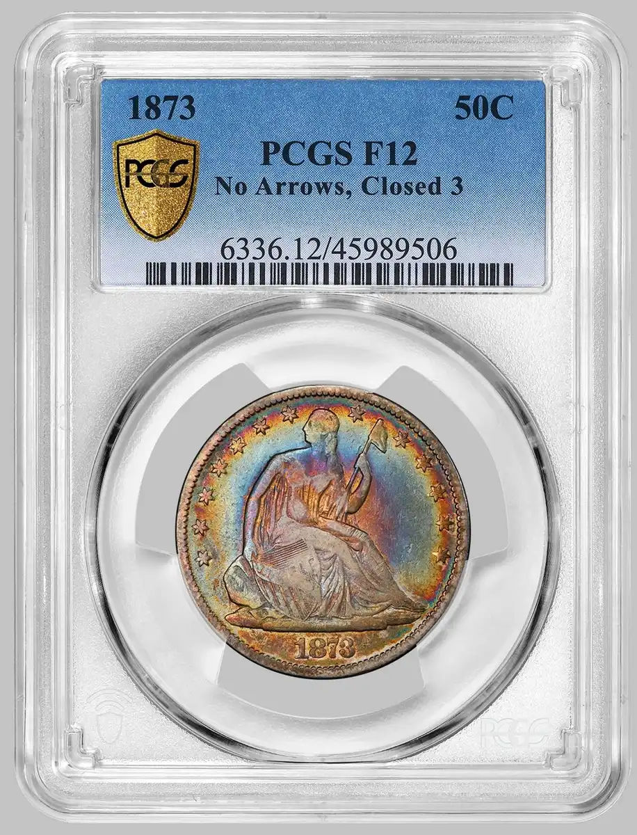 1873-Seated-Liberty-Half-Dollar,-No-Arrows,-Closed-3,-PCGS-F12-Rainbow-Toned