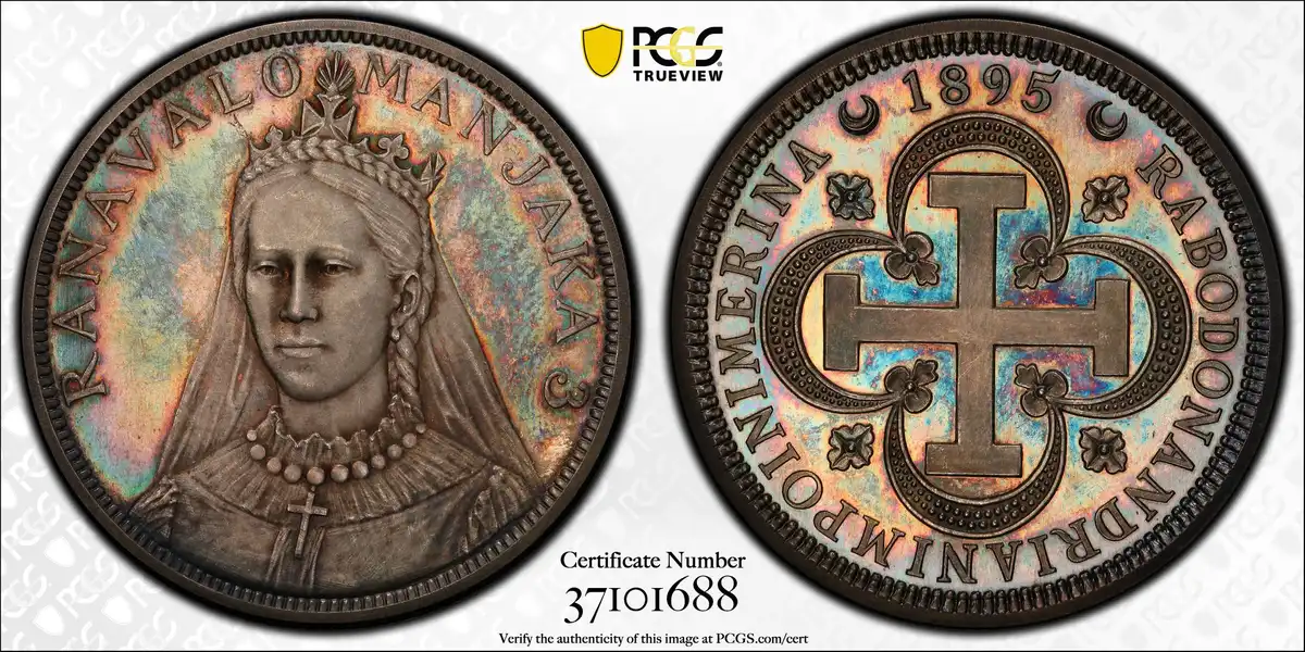 1895-Madagascar-5-Francs-PCGS-SP-65-Featuring-Queen-Ranavalona-III,-Lec-30,-X-M4-Silver-Fantasy