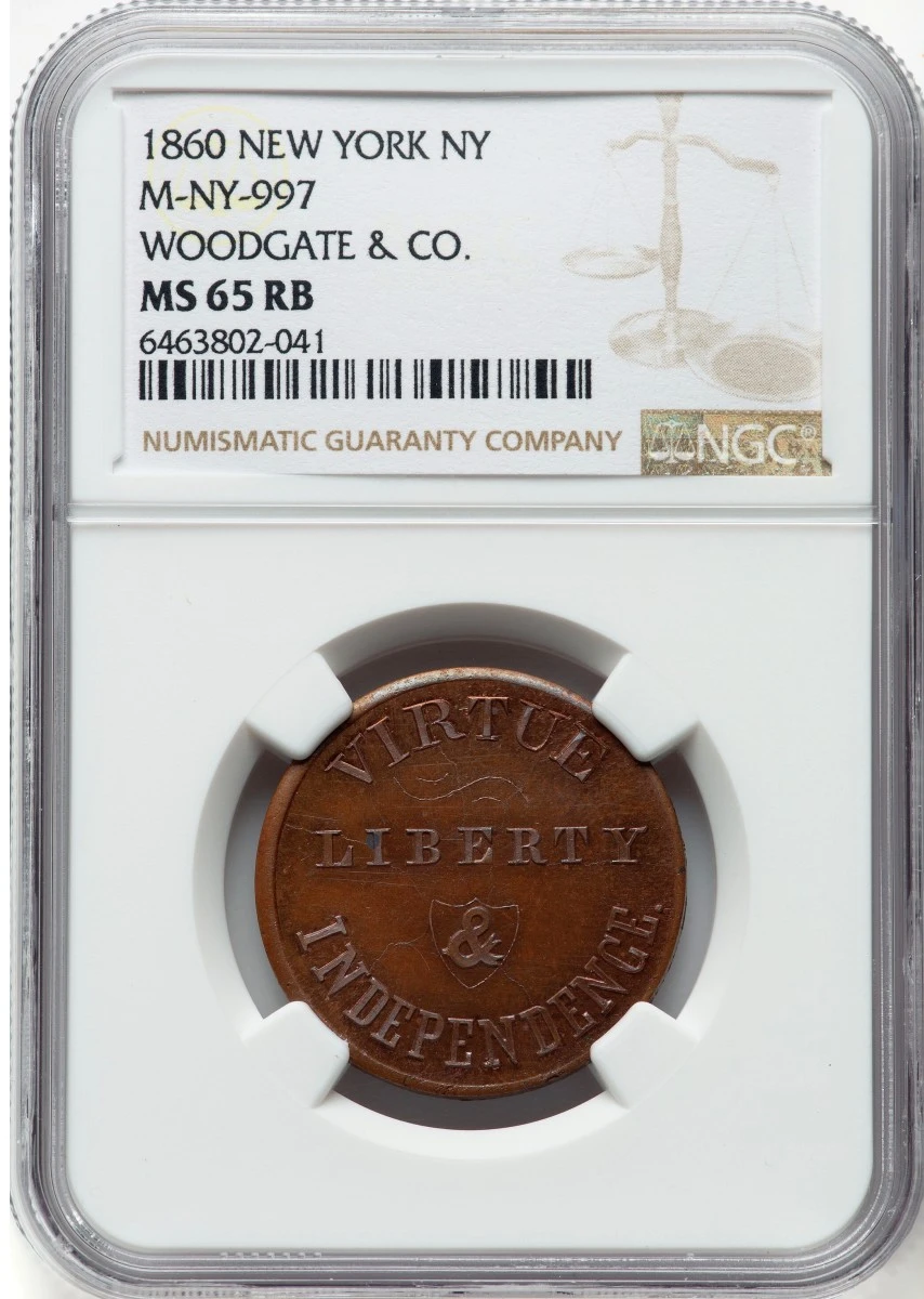 1860-New-York-Woodgate-&-Co.-Token,-Miller-Ny-997,-NGC-MS-65RB