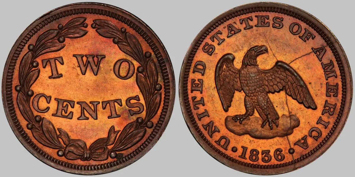 1836-Two-Cent-Pattern,-J-54,-P-57,-PCGS-PR-64RB,-Simpson-Collection