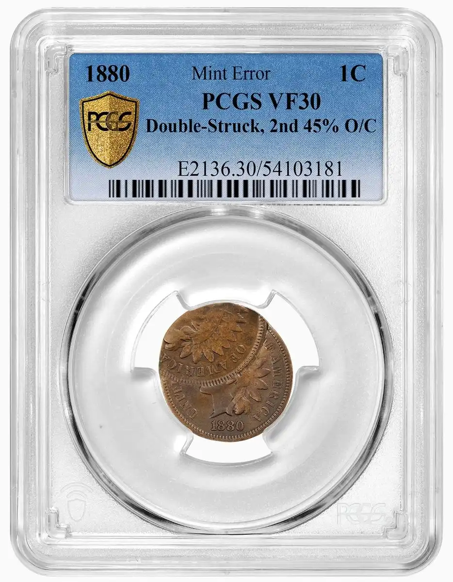 1880-Indian-Head-Cent,-Double-Struck,-2nd-Strike-45%-Off-Center