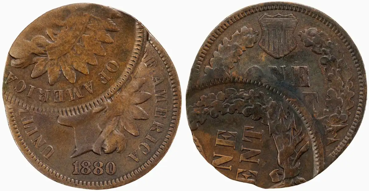 1880-Indian-Head-Cent,-Double-Struck,-2nd-Strike-45%-Off-Center